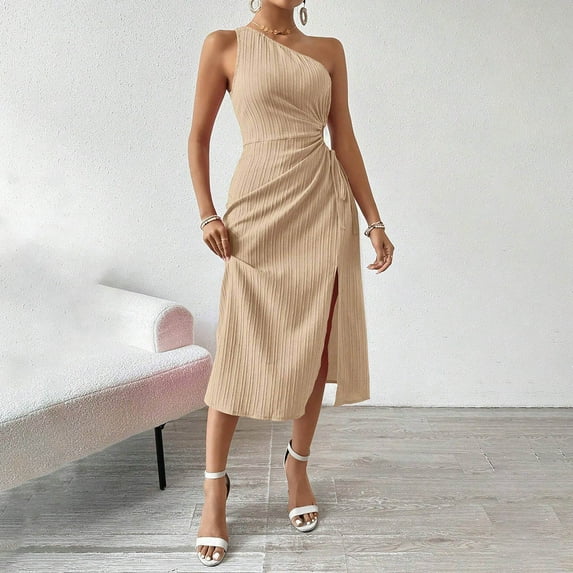 Bzhegqhd formal Dresses for Women,Fashion Women Solid Color Sleeveless Slanted Shoulder Waist Hollow Out Vent Dress