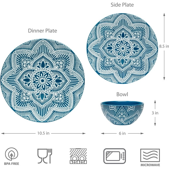 Bzyoo 12-Piece Ceramic Dinnerware Set: La La Mandala Blue Dish Set Design for Every Occasion - Microwave & Dishwasher Safe Stackable Plates Bowls