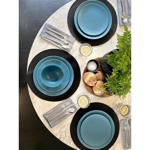 Bzyoo 12 Piece Melamine Dinnerware Set - , Dishwasher Safe Plates and Bowls - Casual Dining, Parties, Blue Dish Set Organica Blue Collection