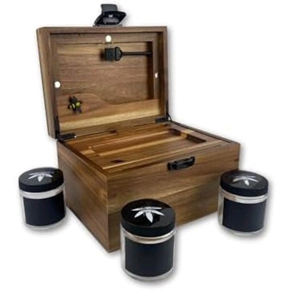BzzBox Decorative OG Storage Box - Acacia, Lockable, with 3 Jars for Easy Storage | Your Stylish Keepsake Storage Box For Everything$$Home Decor, Kitchen, & Other