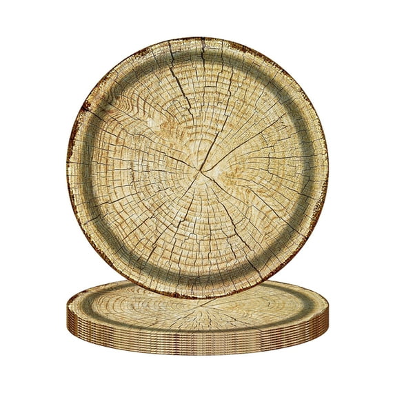 C 10 Pieces Wood Grain Paper Plates Disposable Dinner Plates Rustic Design Realistic Wood Look Outdoor Camping Hunting Birthday Party Decorations For Lumberjack Theme Events