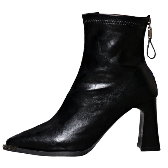 C-143 Black Ladies Fall Winter Short Boots Pointed Toe Rear Zipper Thick Heel Mid Calf Casual Fashionable