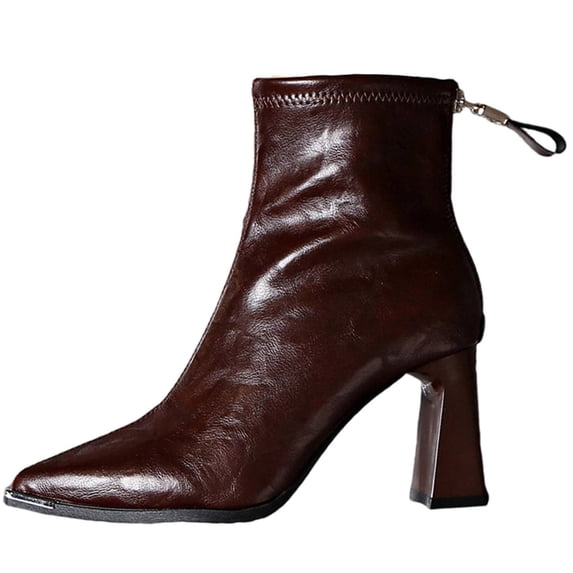 C-143 Brown Ladies Thick Heel Mid Calf Boots Pointed Toe Rear Zipper Fall Winter Short Casual Fashionable