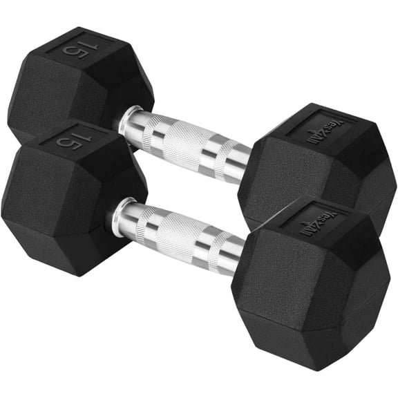 C. 15lbs - Pair Rubber Grip Hex Rubber Encased Hand Dumbbells, Non-Slip Knurled Grip Workout Weights for Home Gym Strength Training