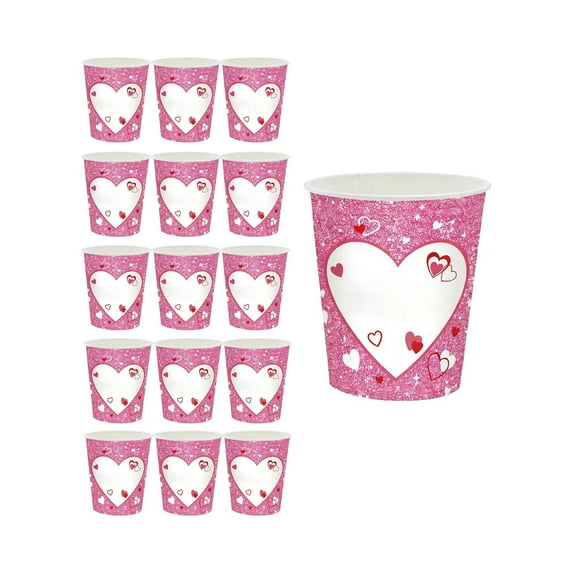 C 16Pc Valentine'S Day Disposable Paper Cup Set With Glitter Heart Design For Beverages, Drinks And Party Refreshments