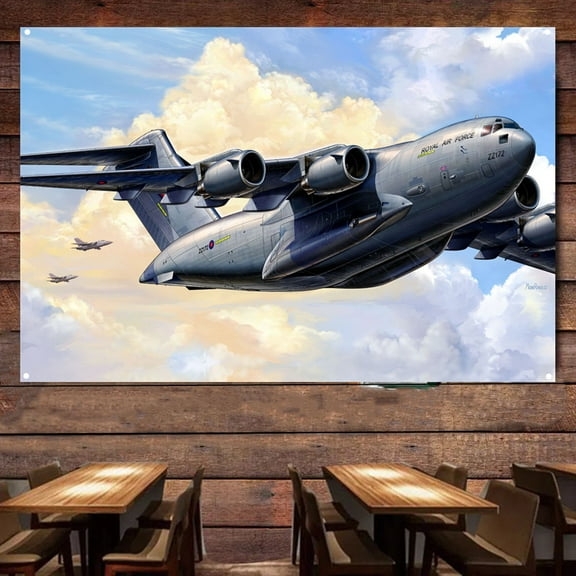 C-17 Globemaster RAF transport aircraft Banner Wall Chart - Military Aviation Poster Wall Hanging Flag For Wall Decor - Attack Aircraft Canvas Print Art Work - Fighter Jet Wall Art Decor 38" x