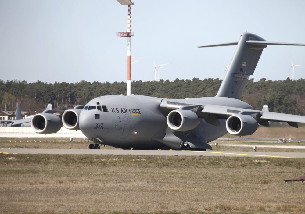 C-17A Globemaster at Ramstein Air Base Germany Canvas Art - Timm ZiegenthalerStocktrek Images (33 x 24)