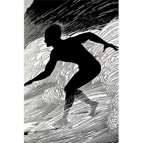 C.1930  Don Blanding Art  Surfer  Figure Of A Man Surfing A Wave . Poster Print