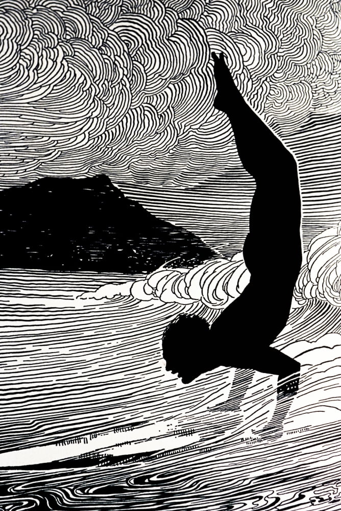 C 1930 Don Blanding Art Surfer And Waikiki Figure Of Man Doing Hand Stand On Surfboard (Pen And Ink Drawing) Canvas Art - Hawaiian Legacy Archive Design Pics (11 x 17)