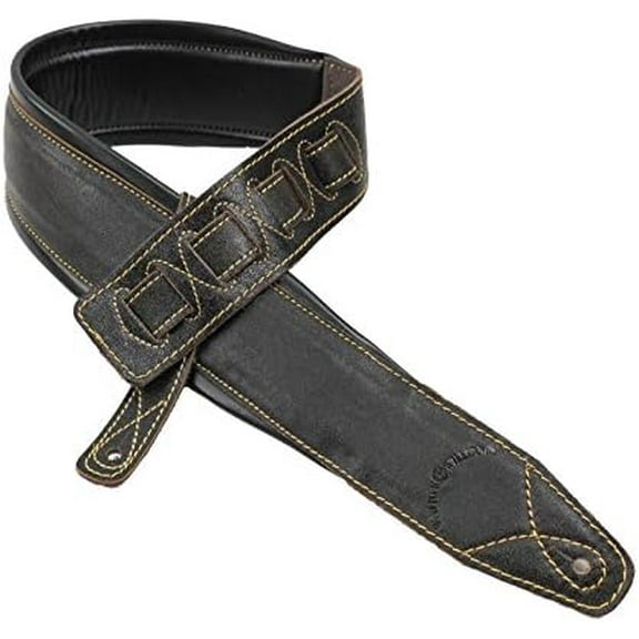 C-22-DBLK Handmade Distressed Black Premium Signature Thick Grain Leather Guitar Strap with Double Padding For Acoustic, Electric, And Bass Guitars