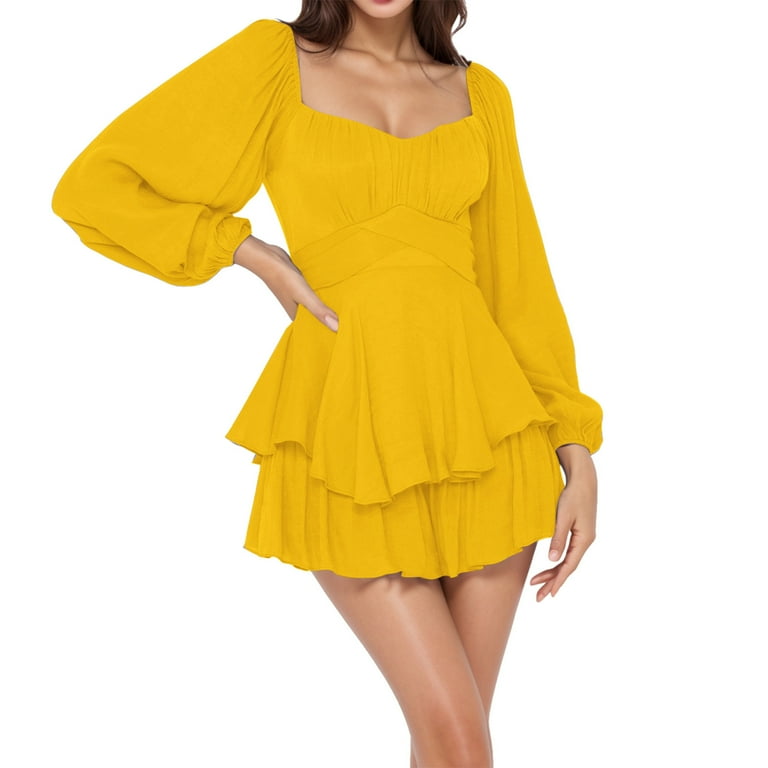 C 247 Mustard Yellow Lantern Long Puff Sleeve Dresses for Ladies Fall Summer Scoop Neck Mini Petite Loose Fit Casual Ruched Tiered Basic Dresses Juniors 2024 Soft Comfy Clothes L Walmart