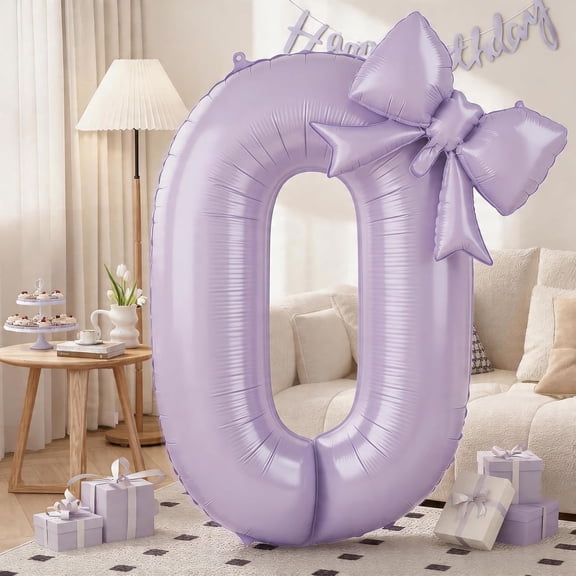 C 40In Light Purple Number Balloons 0-9 with Bow Balloon, Giant Self Inflating Lavender Foil Number 0 with Bow Balloon, Pastel Purple Lilac 0 Helium Balloons for Anniversary Birthday Party Decoration