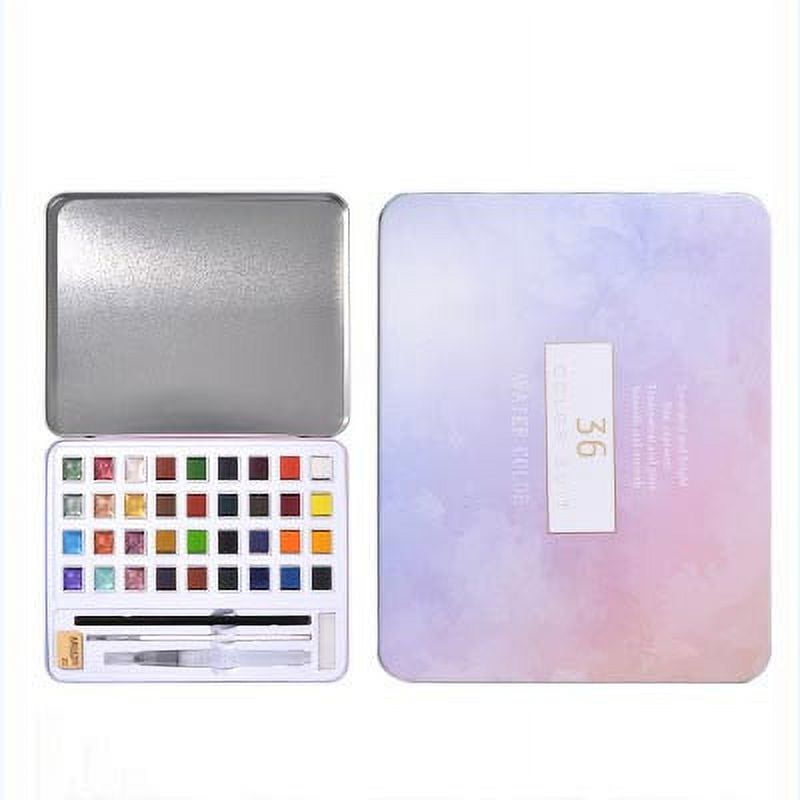 C 48 Color Glitter Watercolor Paint Set Iron Box Pearlescent Solid Art Painting Kit