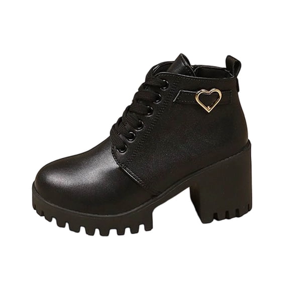 C-998 Black Female Seasonal Ankle Shoes With Circular Toe Tie-Up Design And Zipper Side High Heel Block Heel For Everyday Wear