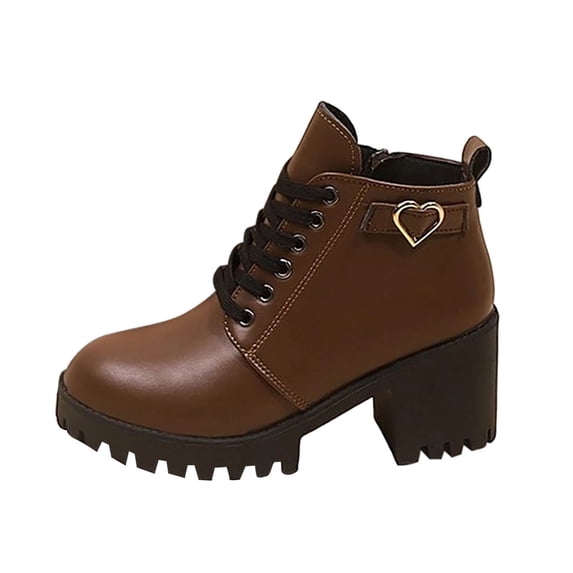 C-998 Brown Female Practical Winter Ankle Footwear With Circular Toe String Tie And Zipper Side Accent High Heel Block Heel For Leisure Wear