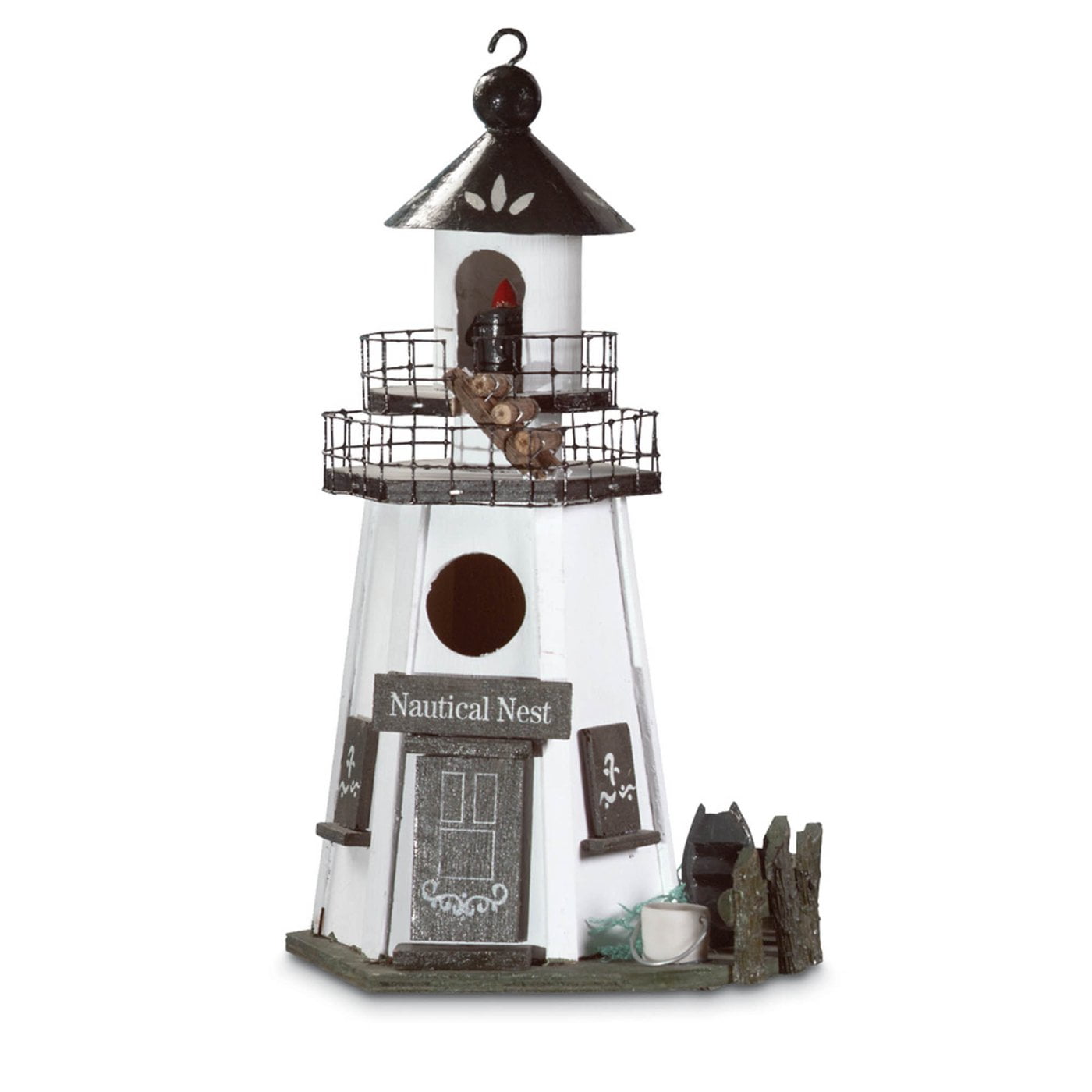 White and Black Nautical Lighthouse Birdhouse with Mesh Balcony