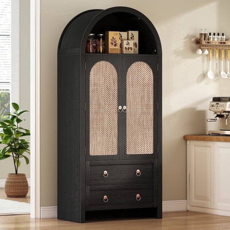 71" Tall Arched Kitchen Pantry Storage Cabinet with Rattan Doors,Wood Pantry Cabinet with 2 Drawers and 6 Shelves for Dining Room, Living Room,Black