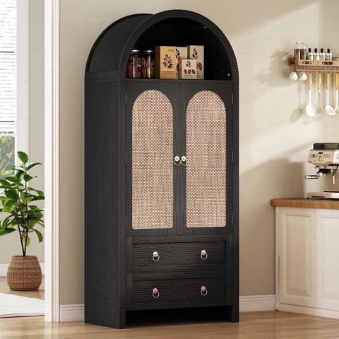 71" Tall Arched Kitchen Pantry Storage Cabinet with Rattan Doors,Wood Pantry Cabinet with 2 Drawers and 6 Shelves for Dining Room, Living Room,Black
