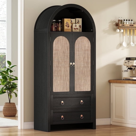 71" Tall Arched Kitchen Pantry Storage Cabinet with Rattan Doors,Wood Pantry Cabinet with 2 Drawers and 6 Shelves for Dining Room, Living Room,Black
