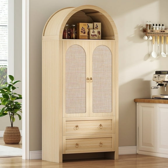71" Tall Arched Kitchen Pantry Storage Cabinet with Rattan Doors,Wood Pantry Cabinet with 2 Drawers and 6 Shelves for Dining Room, Living Room,Natural