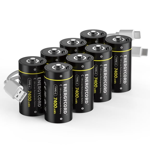 C Batteries Rechargeable with USB 2 in 1 Cable 8 Pack C Size Cell Lithium Batteries LR14 7400mWh 1.5V Li-ion Power for Long-Lasting Use in Floodlights