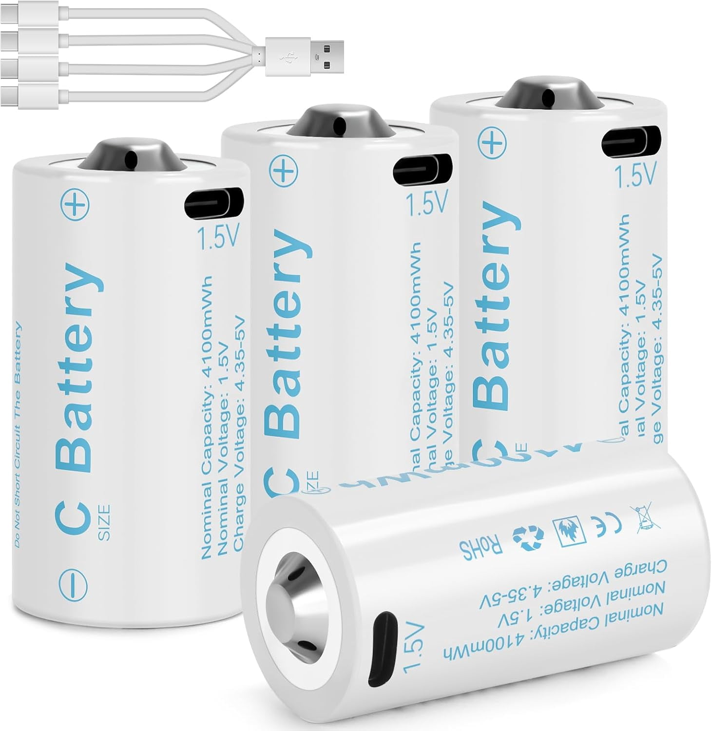 C Batteries Size Recharable Lithium Batteries, 4 Pack LR14 4100mWh 1.5V USB-C Charging for Toys and Floodlights (4 Pack)