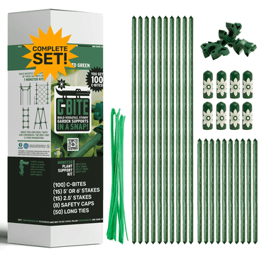 C-Bite 6' Monster Plant Support Kit | Steel Stakes, Stake Safety Caps, Foot Long Plant Ties and C-Bites
