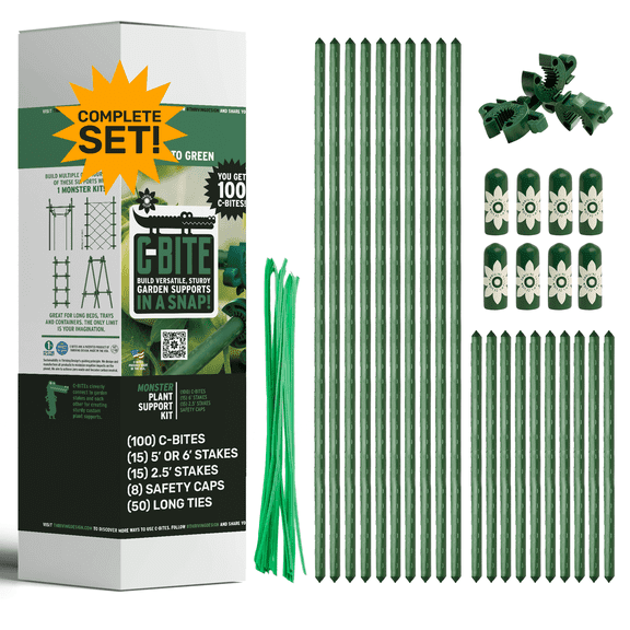 C-Bite 6' Monster Plant Support Kit | Steel Stakes, Stake Safety Caps, Foot Long Plant Ties and C-Bites