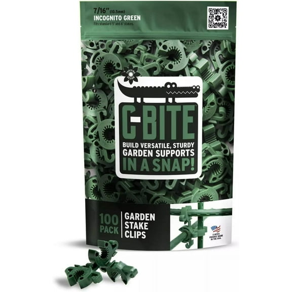 C-Bite Plant Support Clips - Tomato Cage Connectors for Trellis, Stake (Incognito Green - 100 Pack)
