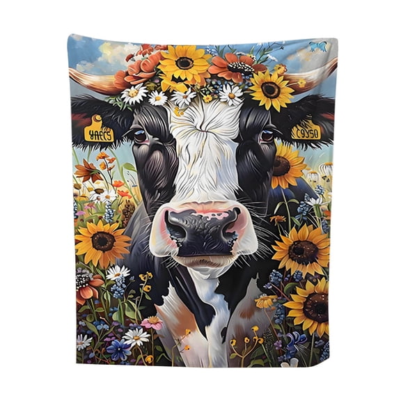 C Blanket Flannel With Cow Pumpkin And Sunflower Pattern For Sofa Or Bed Use During Chilly Evenings Soft And Warm Fabric 39.30 Inches