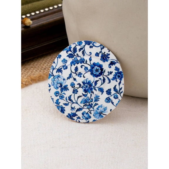 C Blue Ceramic Floral Round Brooch, Vintage-Inspired Enamel Pin For Scarves, Jackets, Backpacks