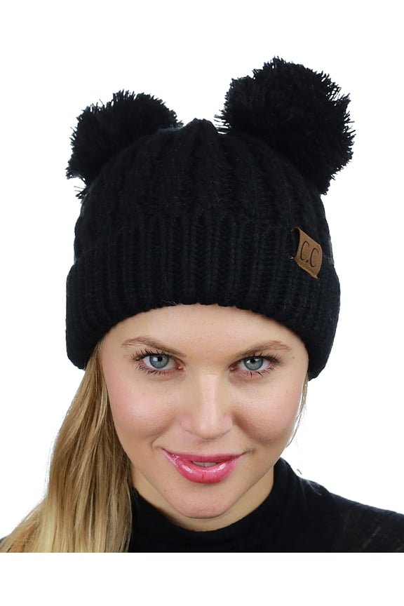 C.C 2 Ear Pom Pom Cable Knit Soft Stretch Cuff Skully Beanie Hat, Black