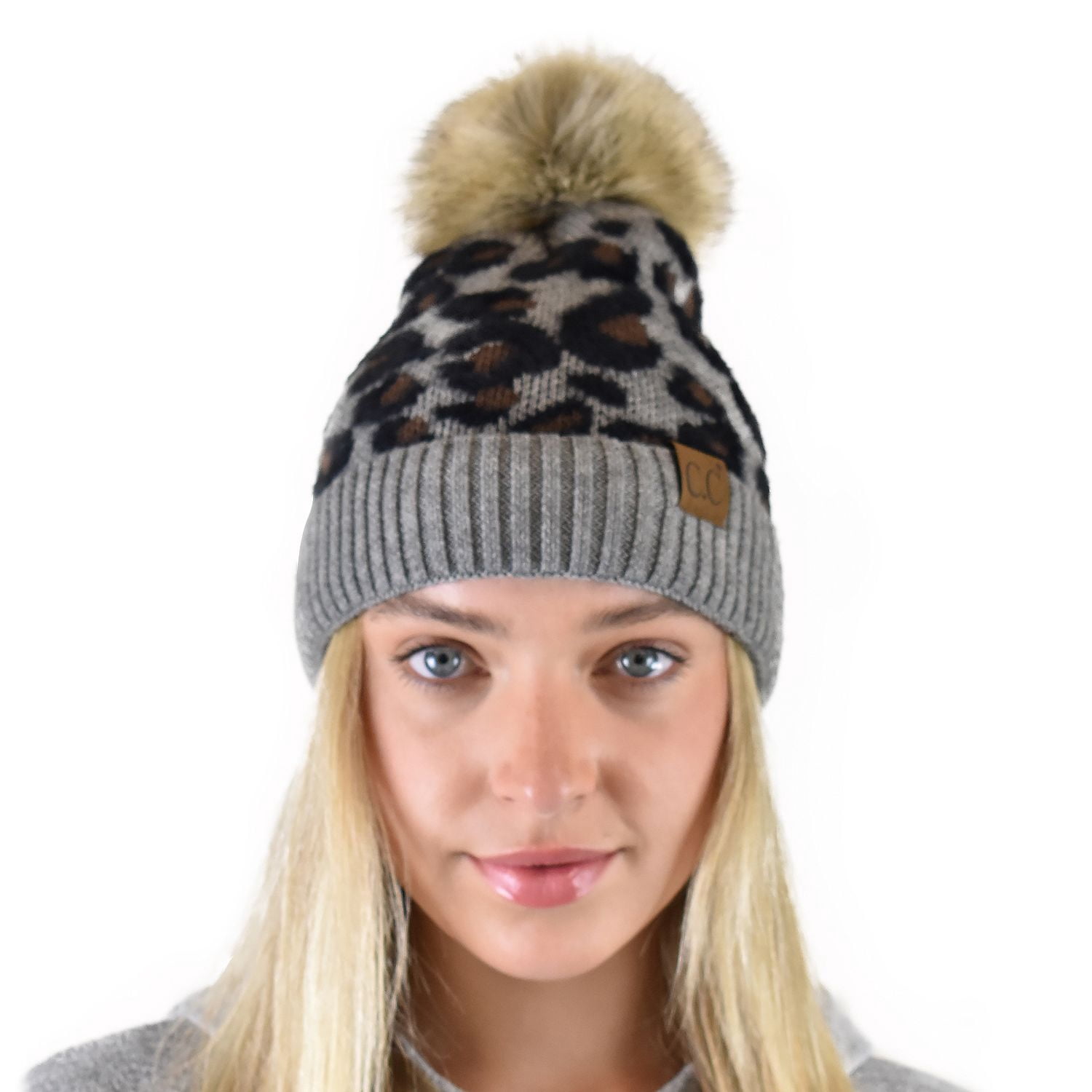 C.C Animal Print Soft Warm Knit Cuff Faux Fur Pom Beanie  display picture 1