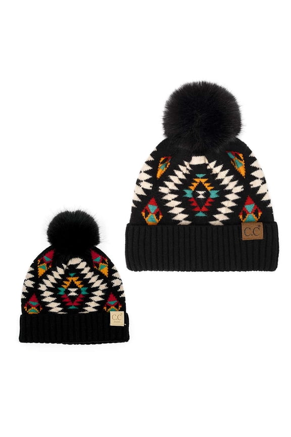 Aztec Soft Faux Fur Pom Matching Mommy & Baby Beanie Set, Black