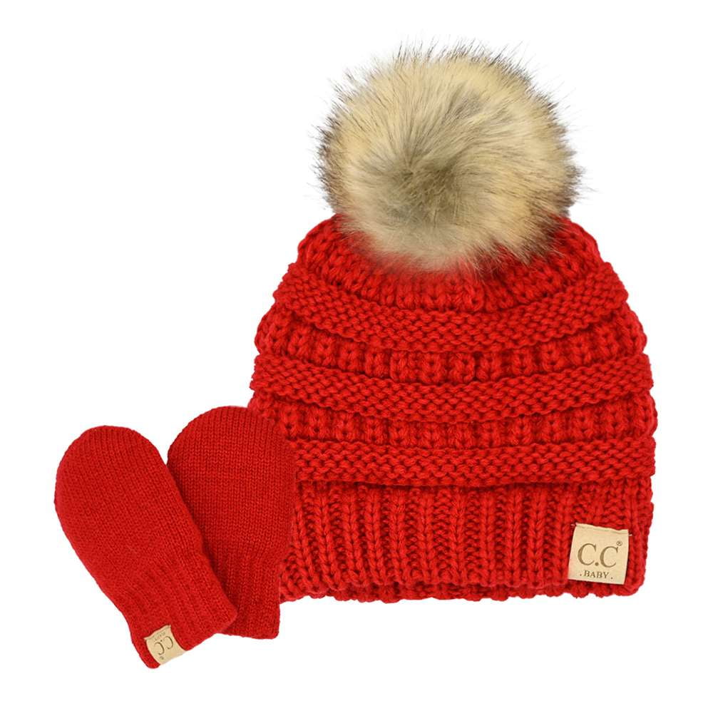 C.C Babies\' Winter and Beanie Mitten Pom Fuzzy Red Lined Cable Fur Knit Set, Faux