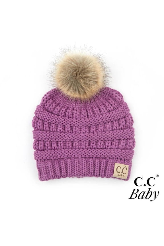 Baby Beanie featuring Faux Fur Pom, Knit Baby Beanie Lavender