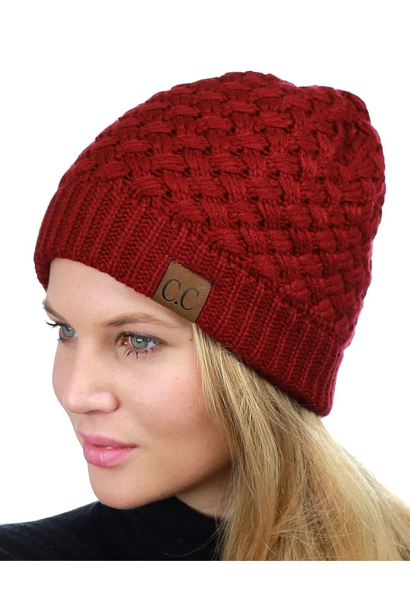 Basketweave Knit Warm Inner Lined Soft Stretch Skully Beanie Hat, Burgundy