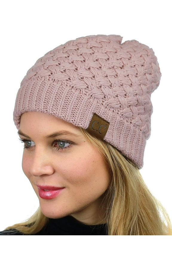 Basketweave Knit Warm Inner Lined Soft Stretch Skully Beanie Hat, Rose