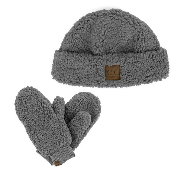 C.C Beanie and Glove Set Women Warm Winter Fuzzy Lined Sherpa Cuff, Grey