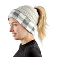 thumbnail image 1 of C.C BeanieTail Cable Knit Messy High Bun Ponytail Cuff Beanie Hat, Buffalo Checkered White/Light Melange Gray, 1 of 4