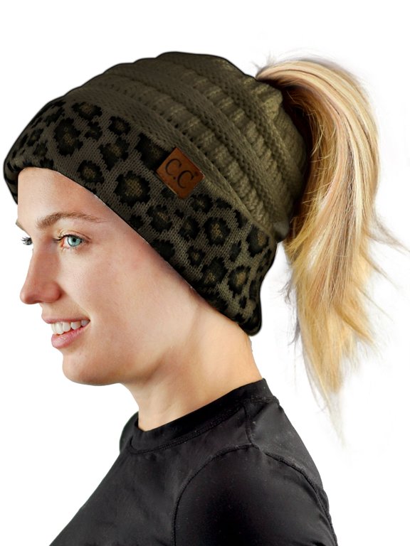 BeanieTail Cable Knit Messy High Bun Ponytail Cuff Beanie Hat, Leopard Dark Olive
