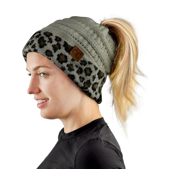 C.C BeanieTail Cable Knit Messy High Bun Ponytail Cuff Beanie Hat, Leopard Light Melange Gray