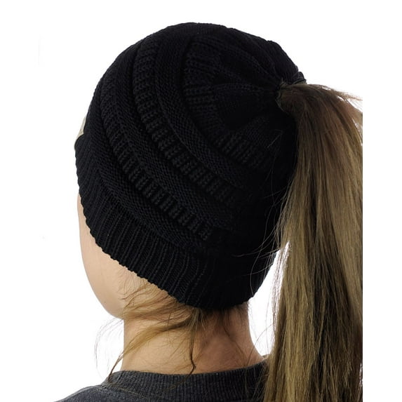 C.C BeanieTail Cotton Blend All Season Daily Messy High Bun Ponytail Beanie Hat, Black