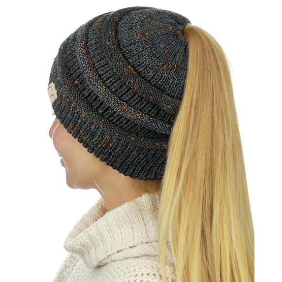C.C BeanieTail Cotton Blend All Season Daily Messy High Bun Ponytail Beanie Hat, Confetti Dark Melange Gray
