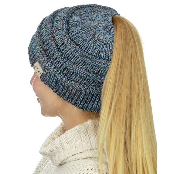 C.C BeanieTail Cotton Blend All Season Daily Messy High Bun Ponytail Beanie Hat, Confetti Denim