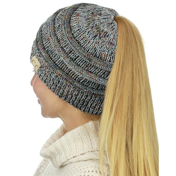 C.C BeanieTail Cotton Blend All Season Daily Messy High Bun Ponytail Beanie Hat, Confetti Natural Gray