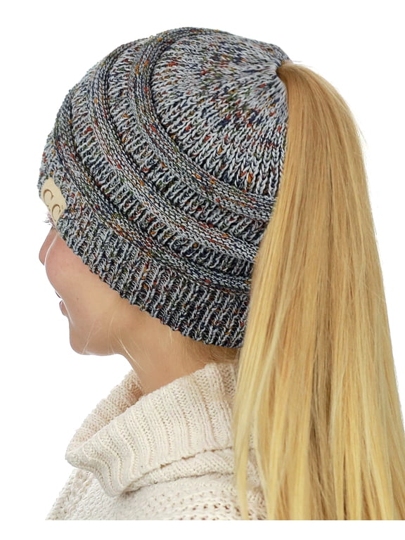 BeanieTail Cotton Blend All Season Daily Messy High Bun Ponytail Beanie Hat, Confetti Natural Gray