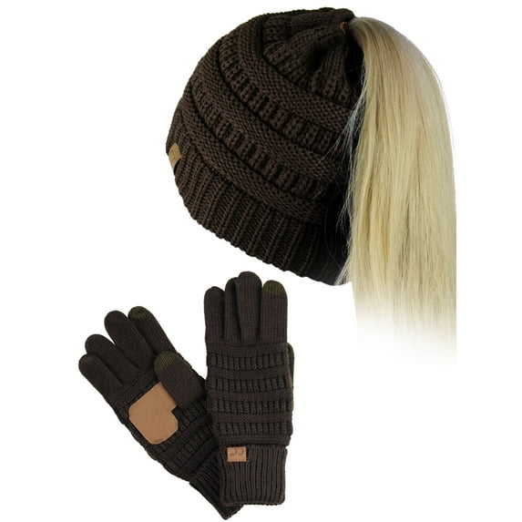 C.C BeanieTail Messy High Bun Cable Knit Beanie and Anti-Slip Touchscreen Gloves Set, Brown