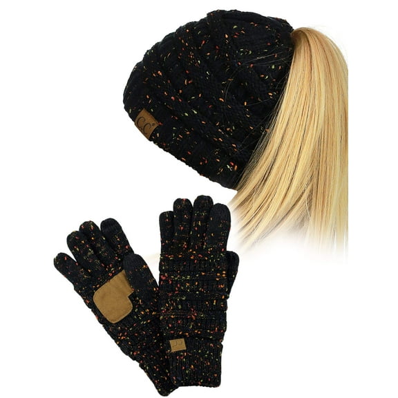 C.C BeanieTail Messy High Bun Cable Knit Beanie and Anti-Slip Touchscreen Gloves Set, Confetti Black