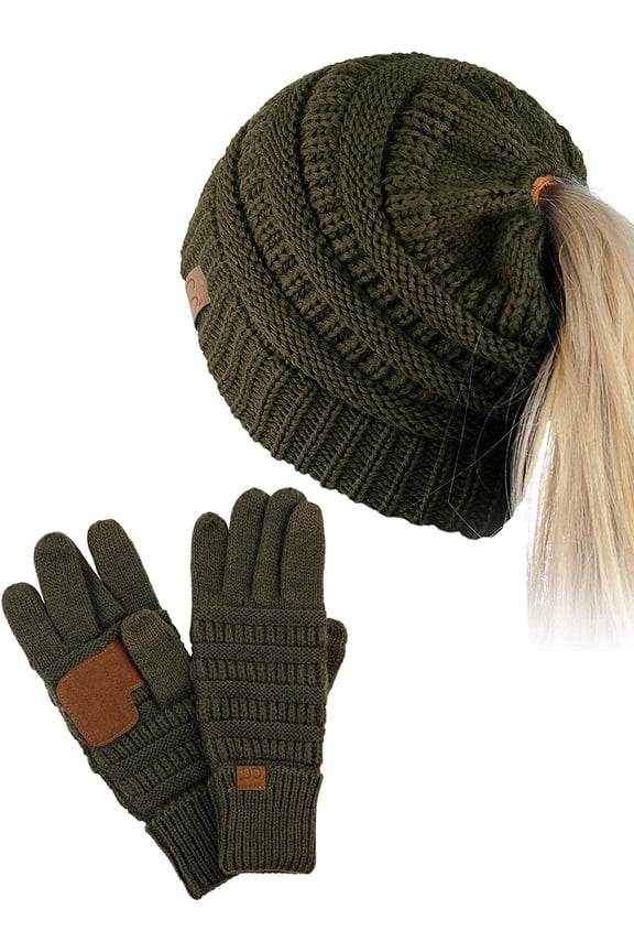 BeanieTail Messy High Bun Cable Knit Beanie and Anti-Slip Touchscreen Gloves Set, Dark Olive